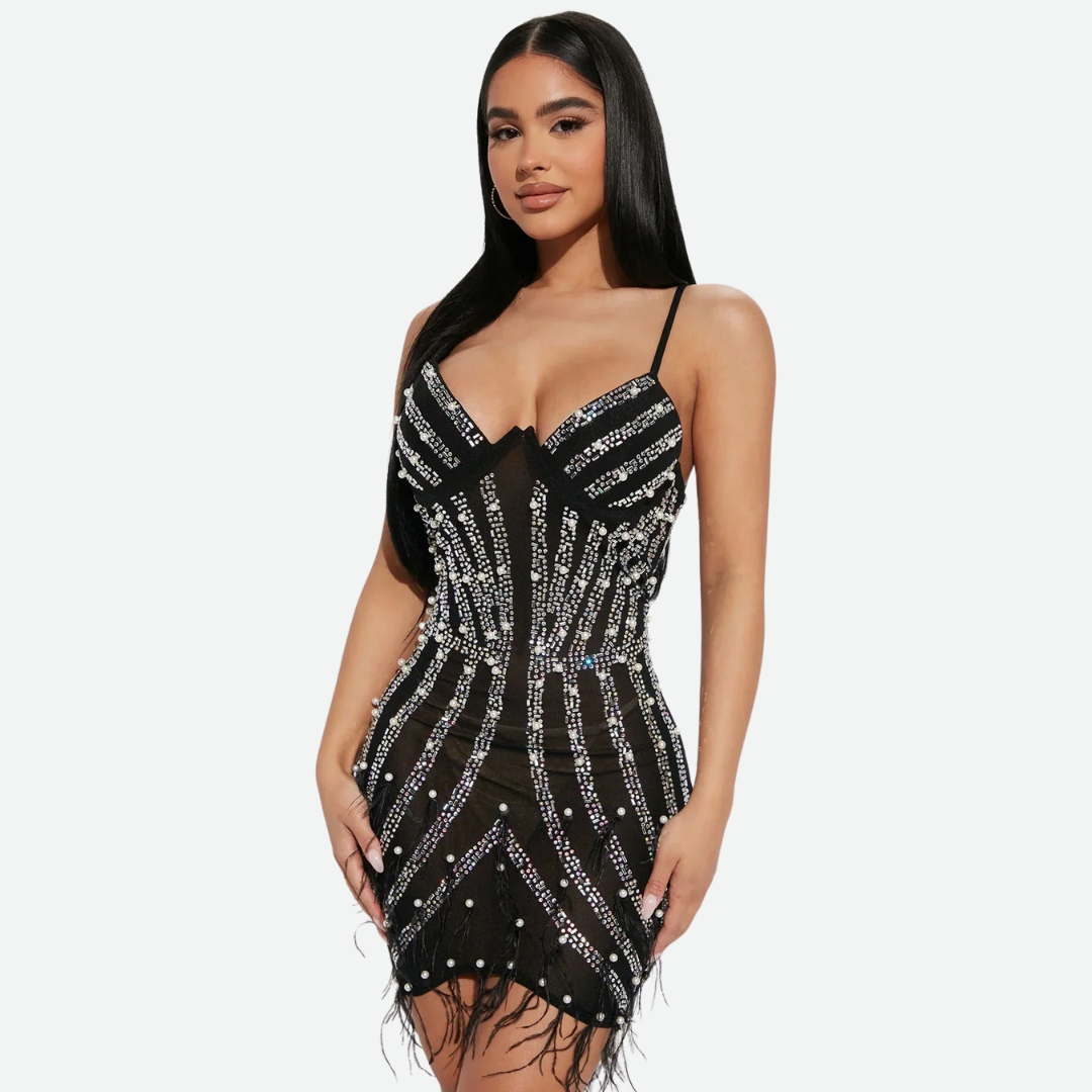 Embellished Black Feather Mesh Mini Dress Dress Project Brighton Black S