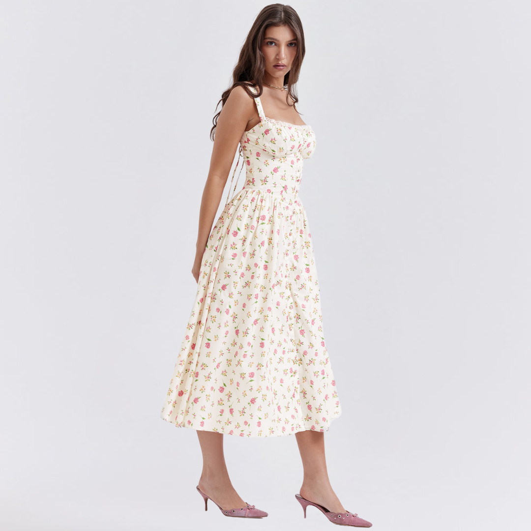 Floral Elegance Flare Midi Dress Dress Project Brighton White S