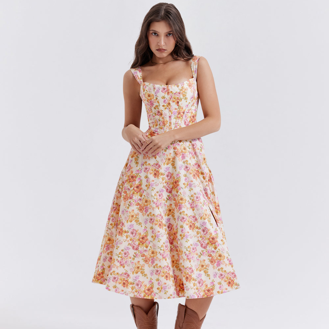 Floral Elegance Flare Midi Dress Dress Project Brighton Pink S